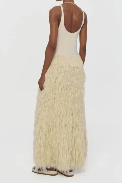 Elianor Fringe Knit Maxi Dress in Off White Silk Cashmere