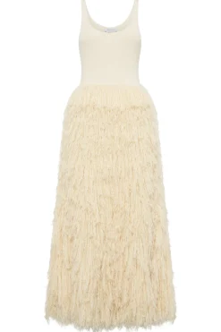 Elianor Fringe Knit Maxi Dress in Off White Silk Cashmere