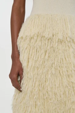 Elianor Fringe Knit Maxi Dress in Off White Silk Cashmere