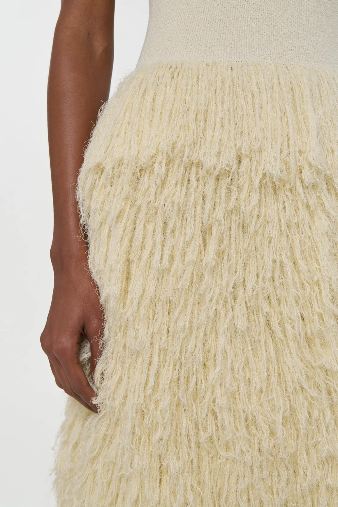 Elianor Fringe Knit Maxi Dress in Off White Silk Cashmere