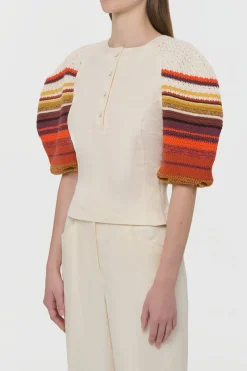 Elira Crochet Puff Sleeve Top in Ivory Textured Linen Slub