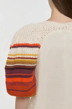 Elira Crochet Puff Sleeve Top in Ivory Textured Linen Slub