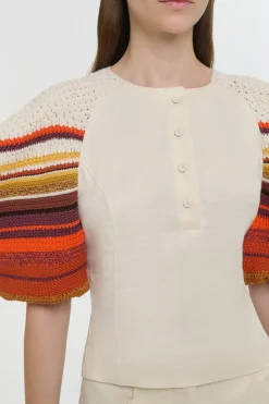 Elira Crochet Puff Sleeve Top in Ivory Textured Linen Slub