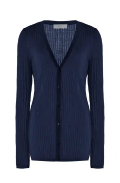 Emma Pointelle Knit Cardigan in Electric Navy Cashmere Silk