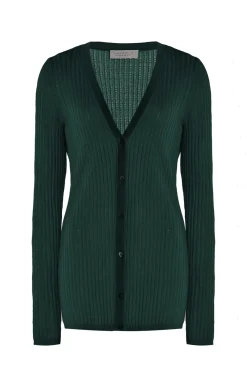 Emma Pointelle Knit Cardigan in English Green Cashmere Silk