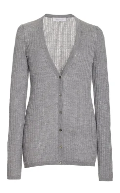 Emma Pointelle Knit Cardigan in Heather Grey Cashmere Silk