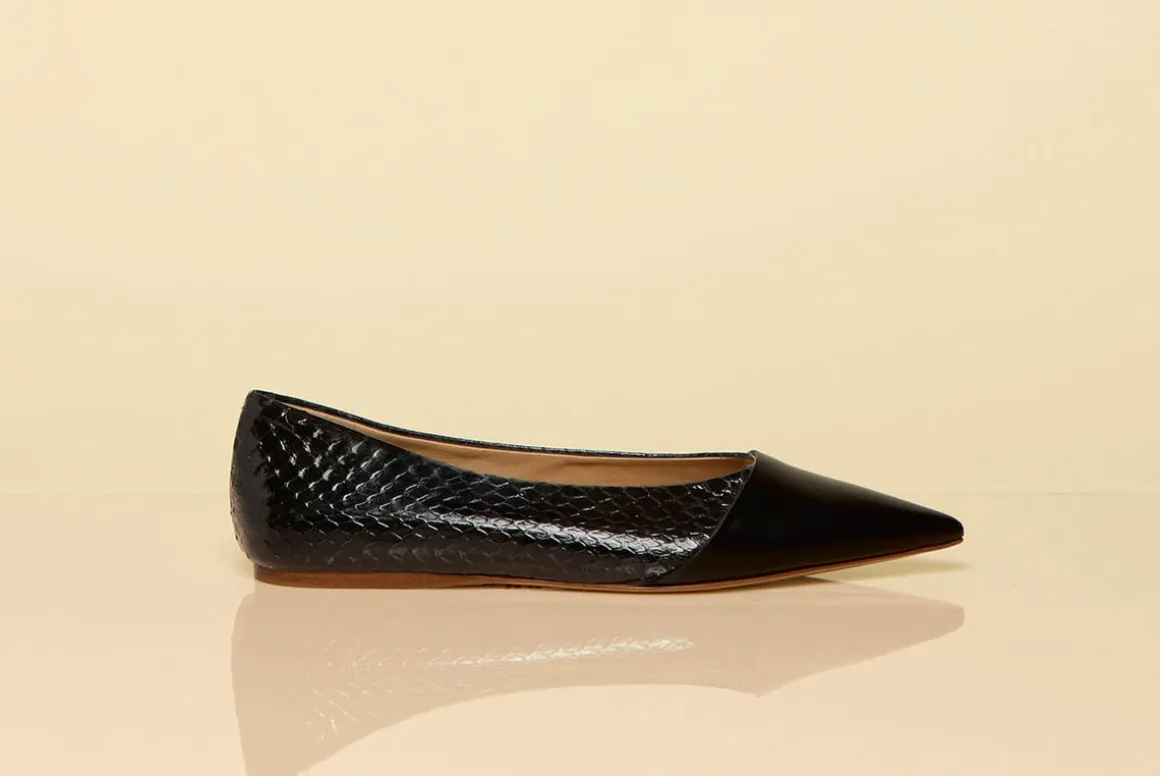 Empress Ballerina Flat Shoe in Black Snakeskin & Leather
