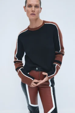 Finnian Knit Moto Sweater in Cognac & Black Cashmere