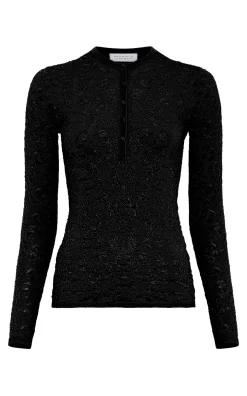 Gaviran Lace Knit Henley in Black Merino Wool