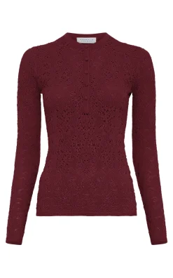 Gaviran Lace Knit Henley in Bordeaux Merino Wool