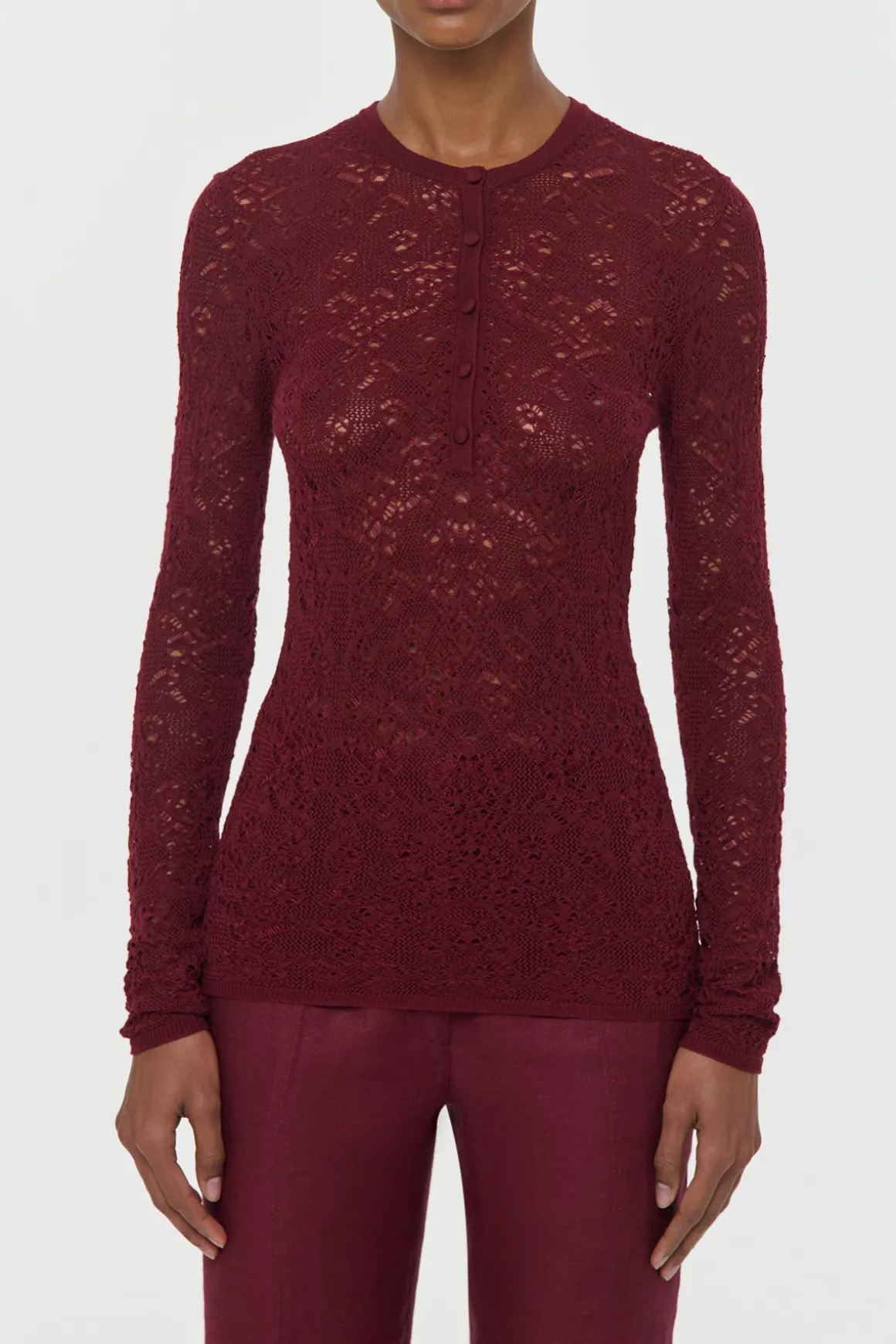 Gaviran Lace Knit Henley in Bordeaux Merino Wool