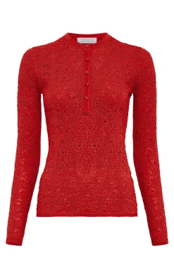 Gaviran Lace Knit Henley in Tonic Orange Merino Wool