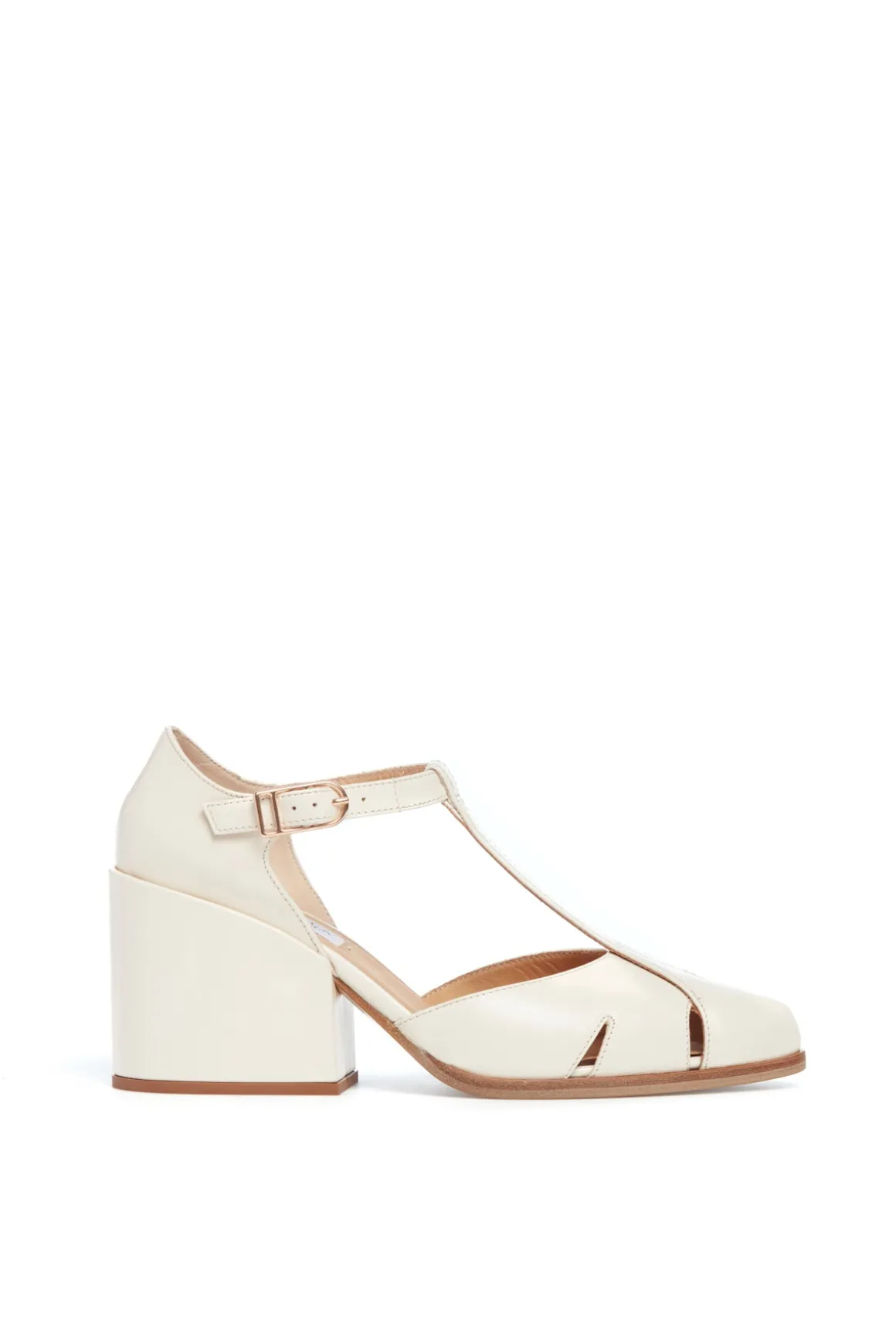 Hawes T-Strap Block Heel Pump in Cream Leather
