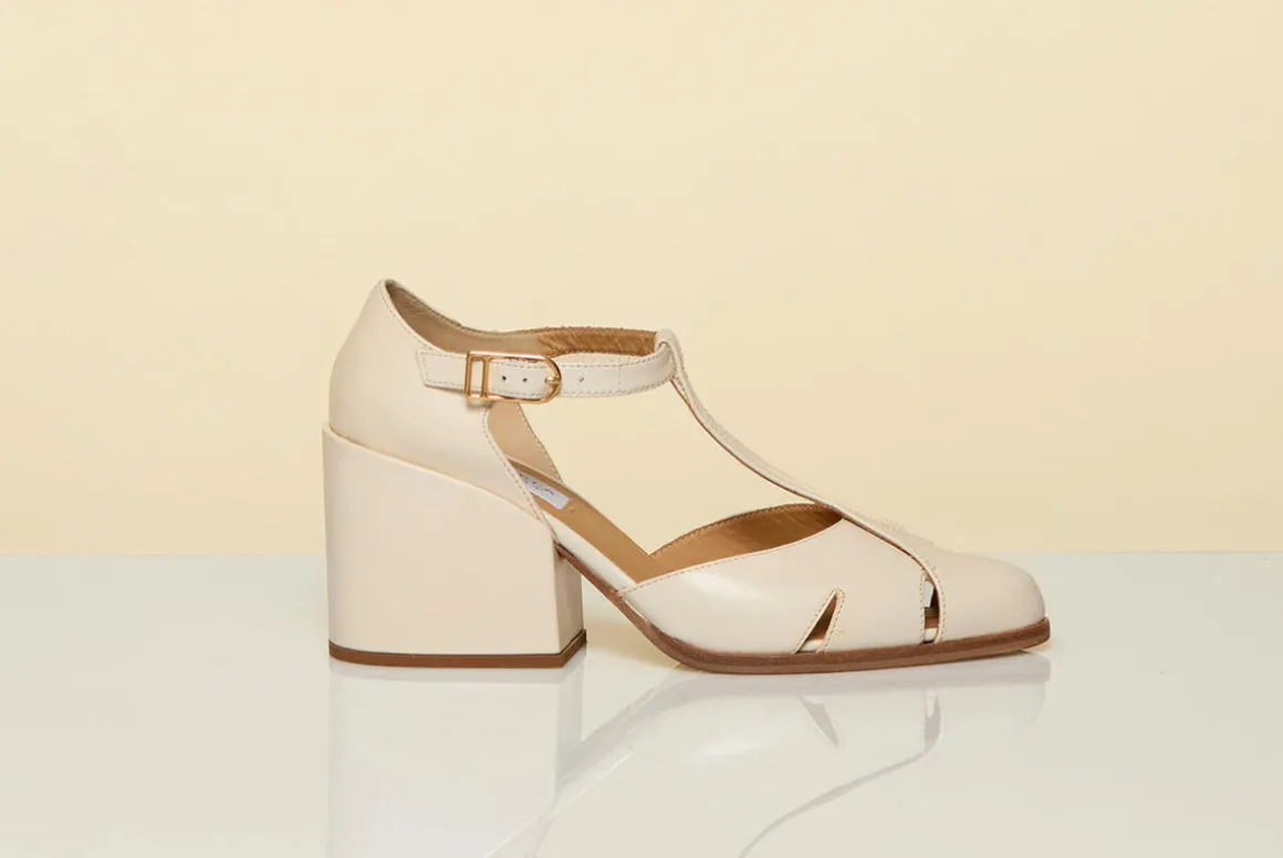 Hawes T-Strap Block Heel Pump in Cream Leather