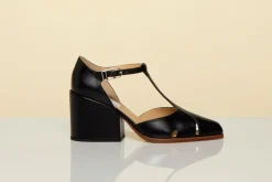 Hawes T-Strap Block Heel Pump in Black Leather