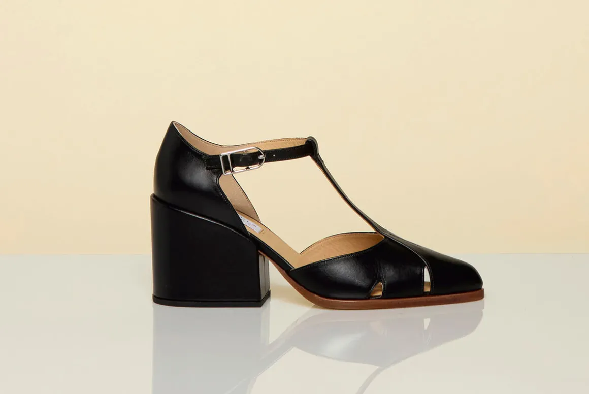 Hawes T-Strap Block Heel Pump in Black Leather