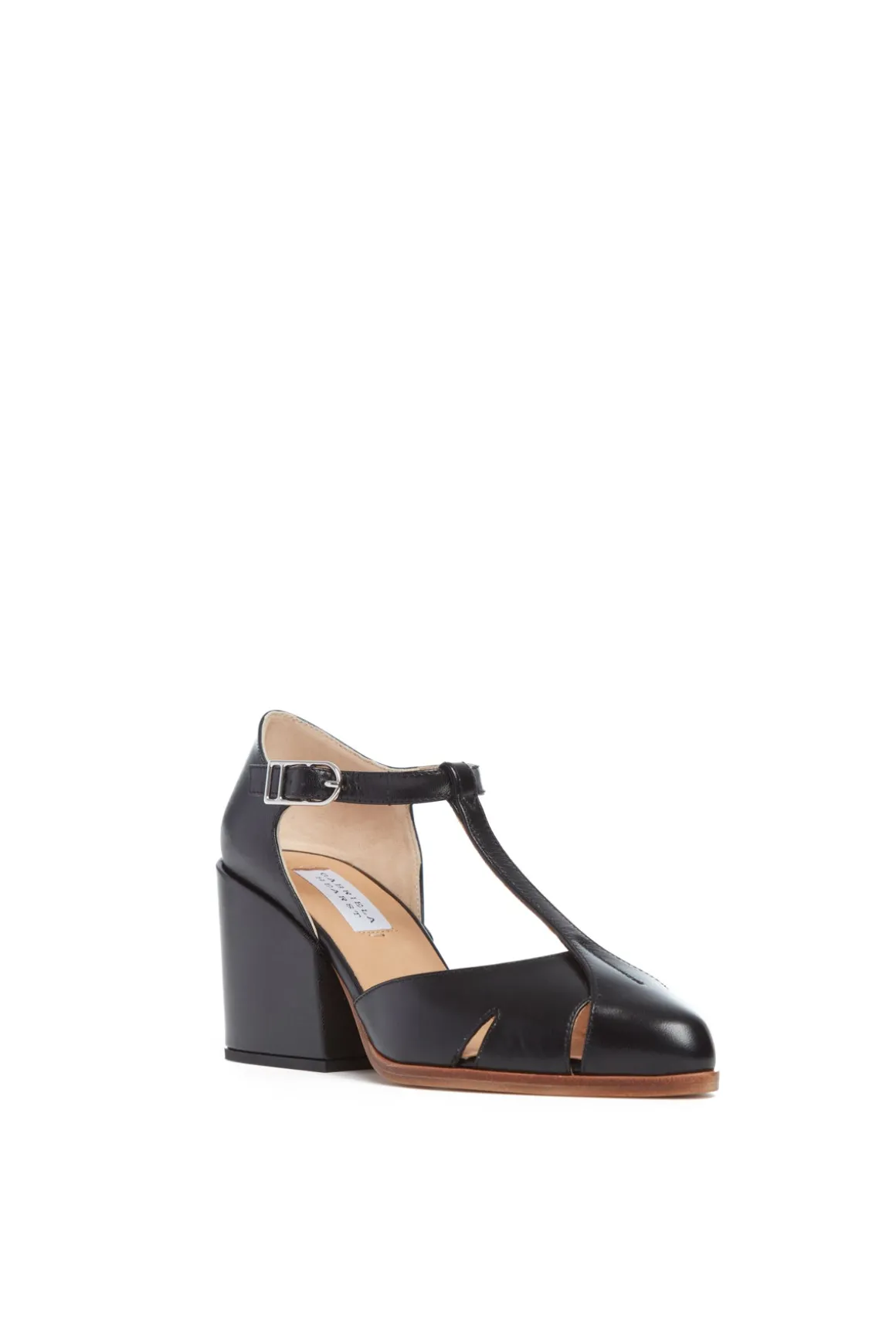 Hawes T-Strap Block Heel Pump in Black Leather
