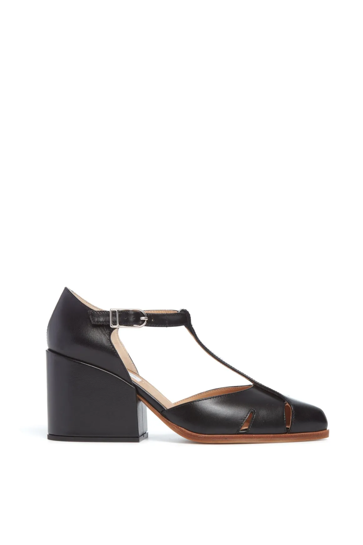 Hawes T-Strap Block Heel Pump in Black Leather