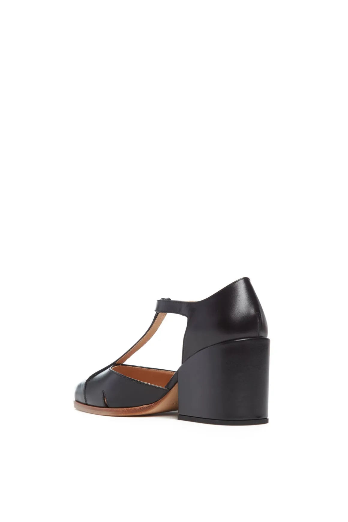 Hawes T-Strap Block Heel Pump in Black Leather