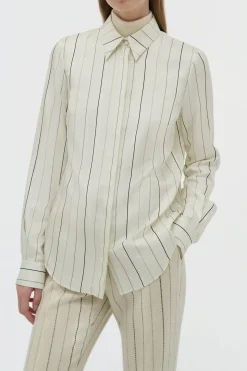 Henri Blouse in Ivory Multi Pinstripe Silk Twill