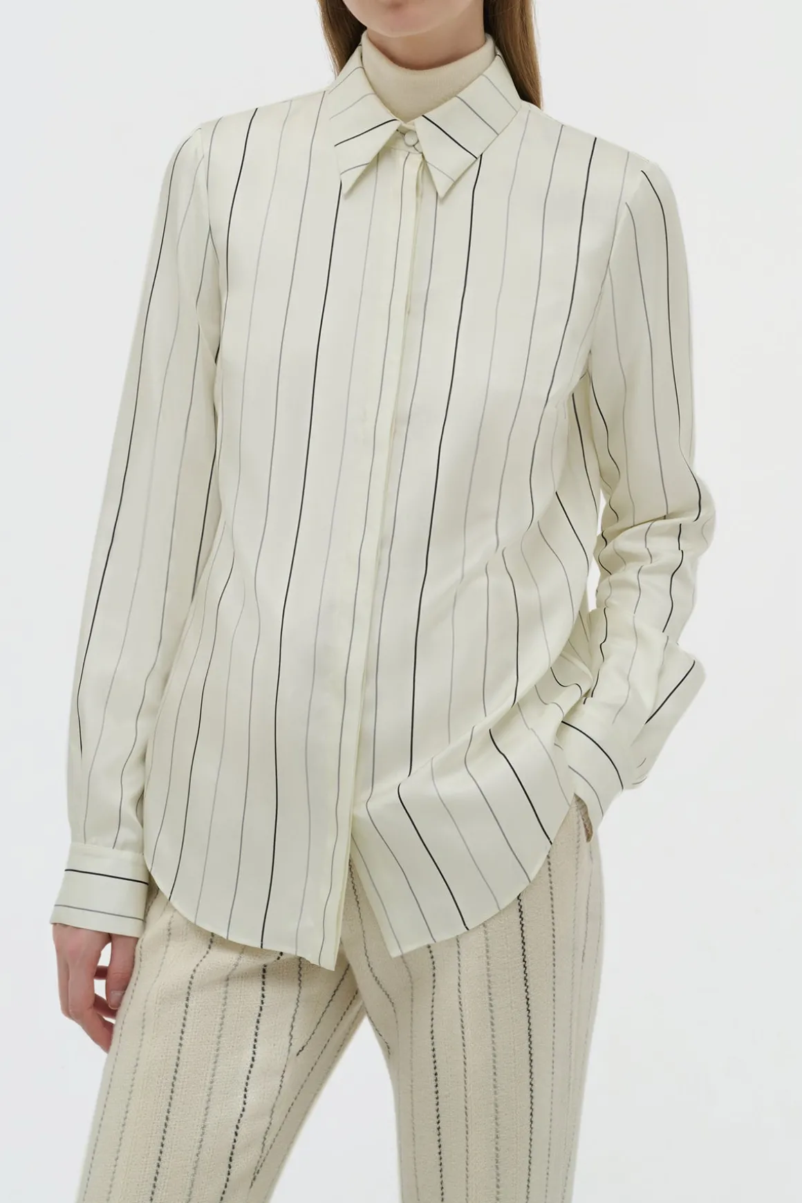 Henri Blouse in Ivory Multi Pinstripe Silk Twill