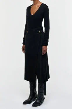 Idalia Wrap Midi Skirt in Black Suede