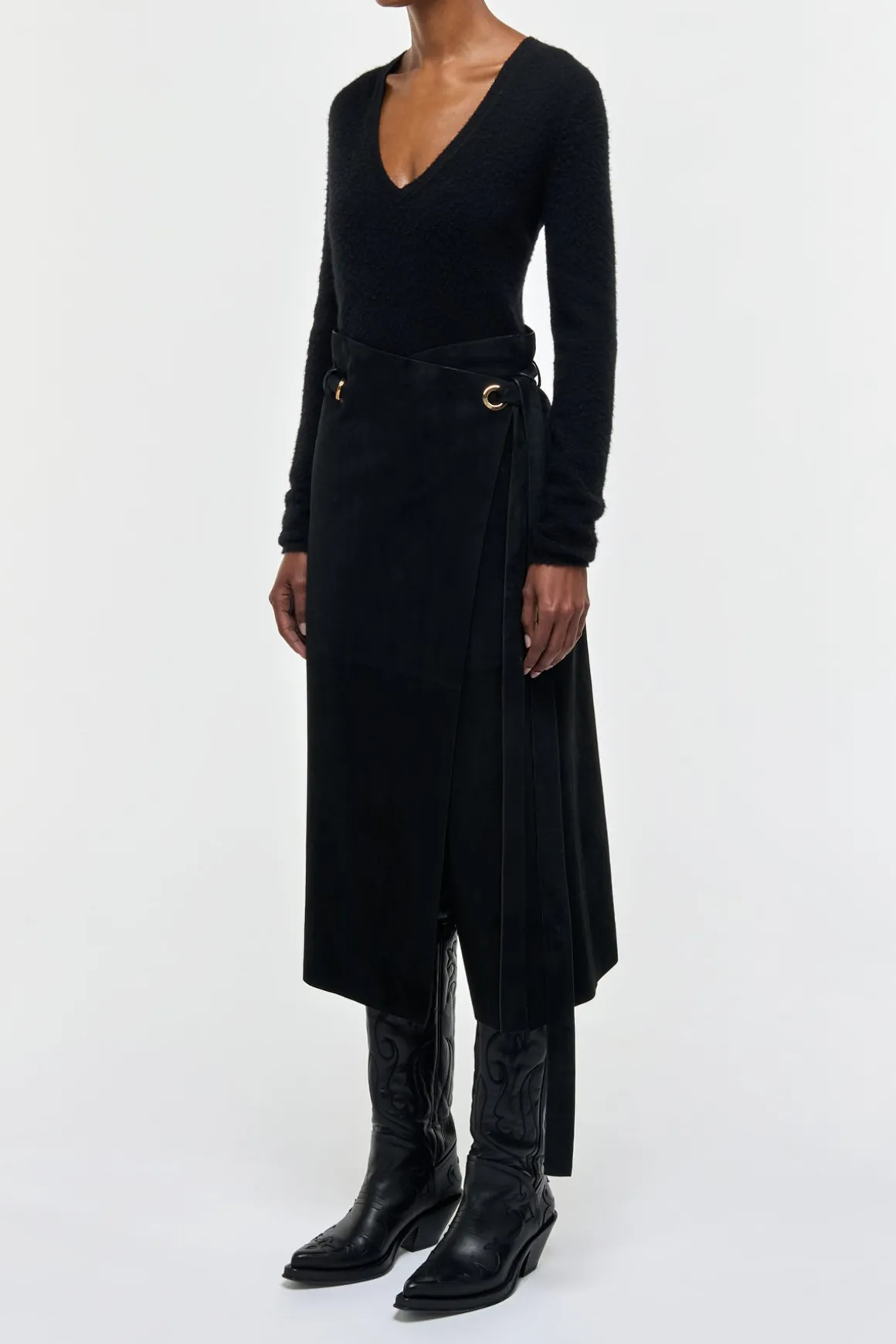Idalia Wrap Midi Skirt in Black Suede