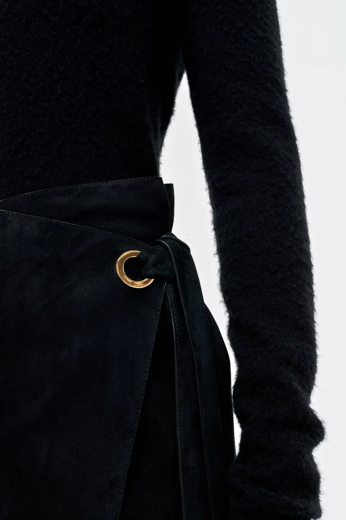 Idalia Wrap Midi Skirt in Black Suede