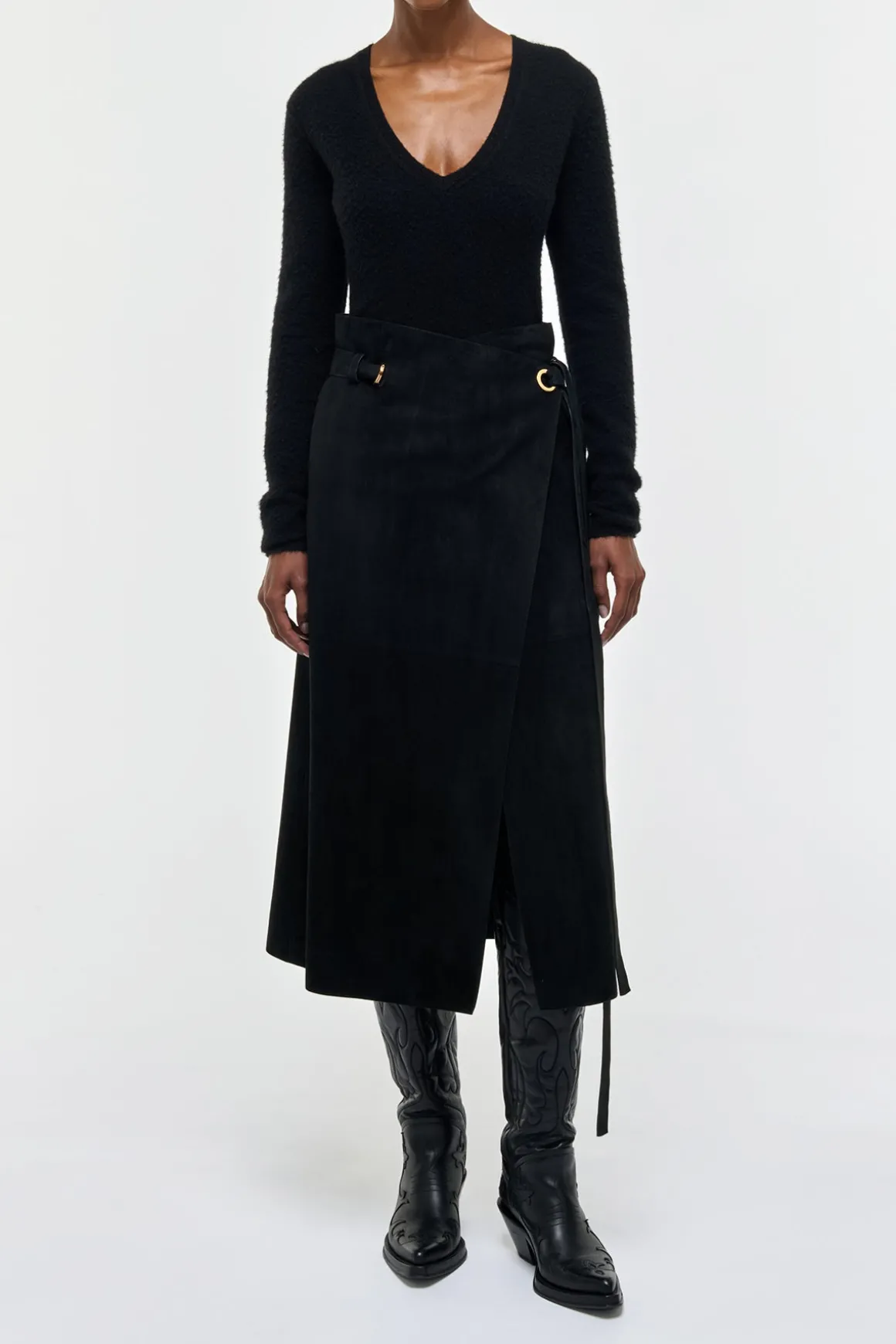 Idalia Wrap Midi Skirt in Black Suede