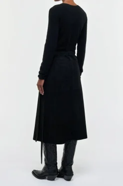 Idalia Wrap Midi Skirt in Black Suede