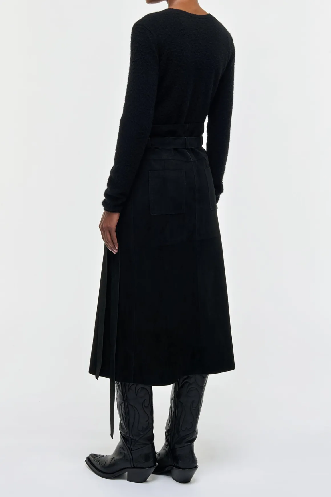 Idalia Wrap Midi Skirt in Black Suede
