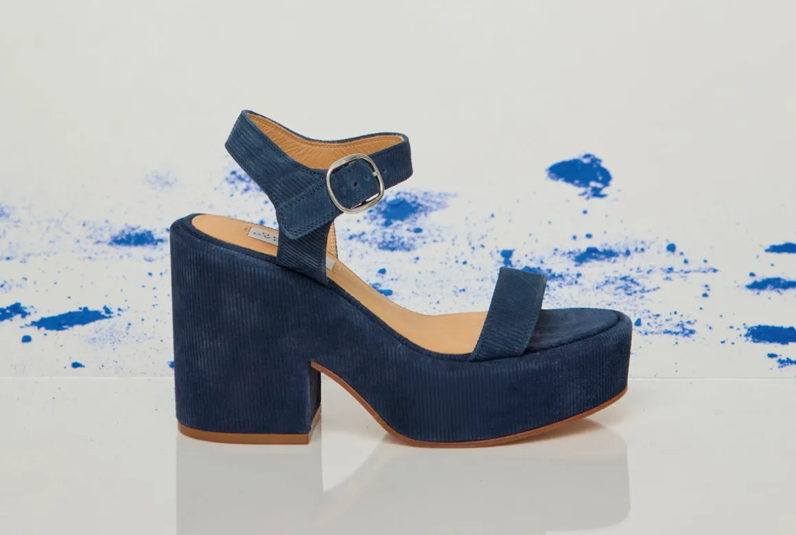 Iman Platform Sandal in Navy Suede Corduroy