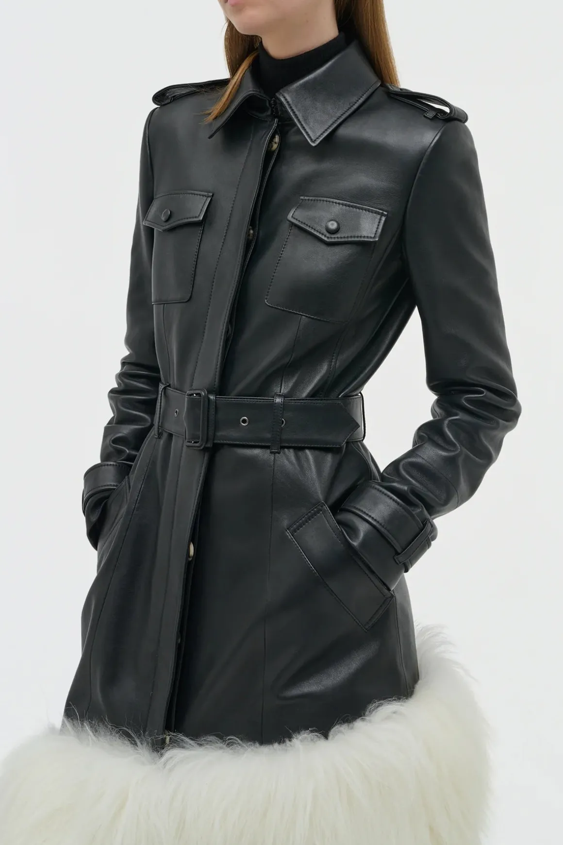 Isak Trench Coat in Black Soft Leather & Ivory Cashmere Shearling