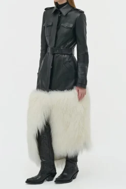Isak Trench Coat in Black Soft Leather & Ivory Cashmere Shearling