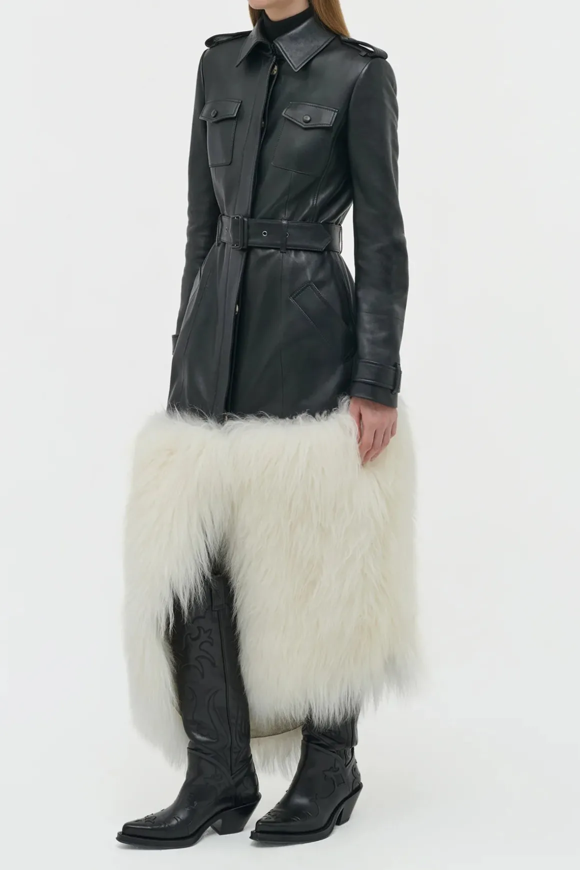 Isak Trench Coat in Black Soft Leather & Ivory Cashmere Shearling