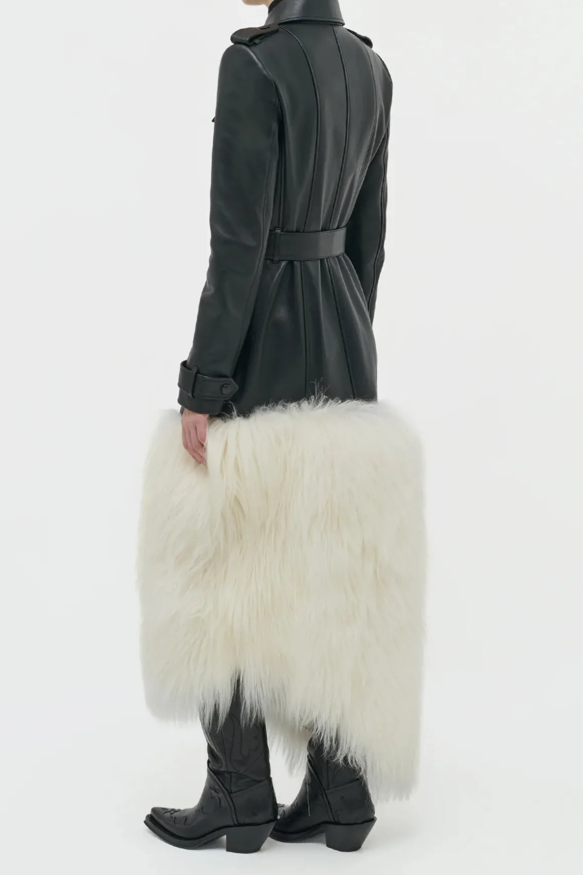 Isak Trench Coat in Black Soft Leather & Ivory Cashmere Shearling