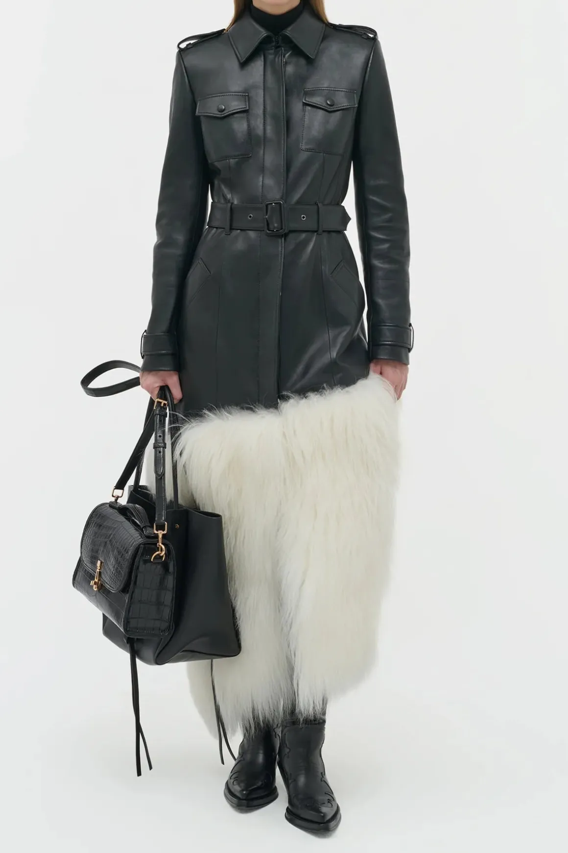 Isak Trench Coat in Black Soft Leather & Ivory Cashmere Shearling