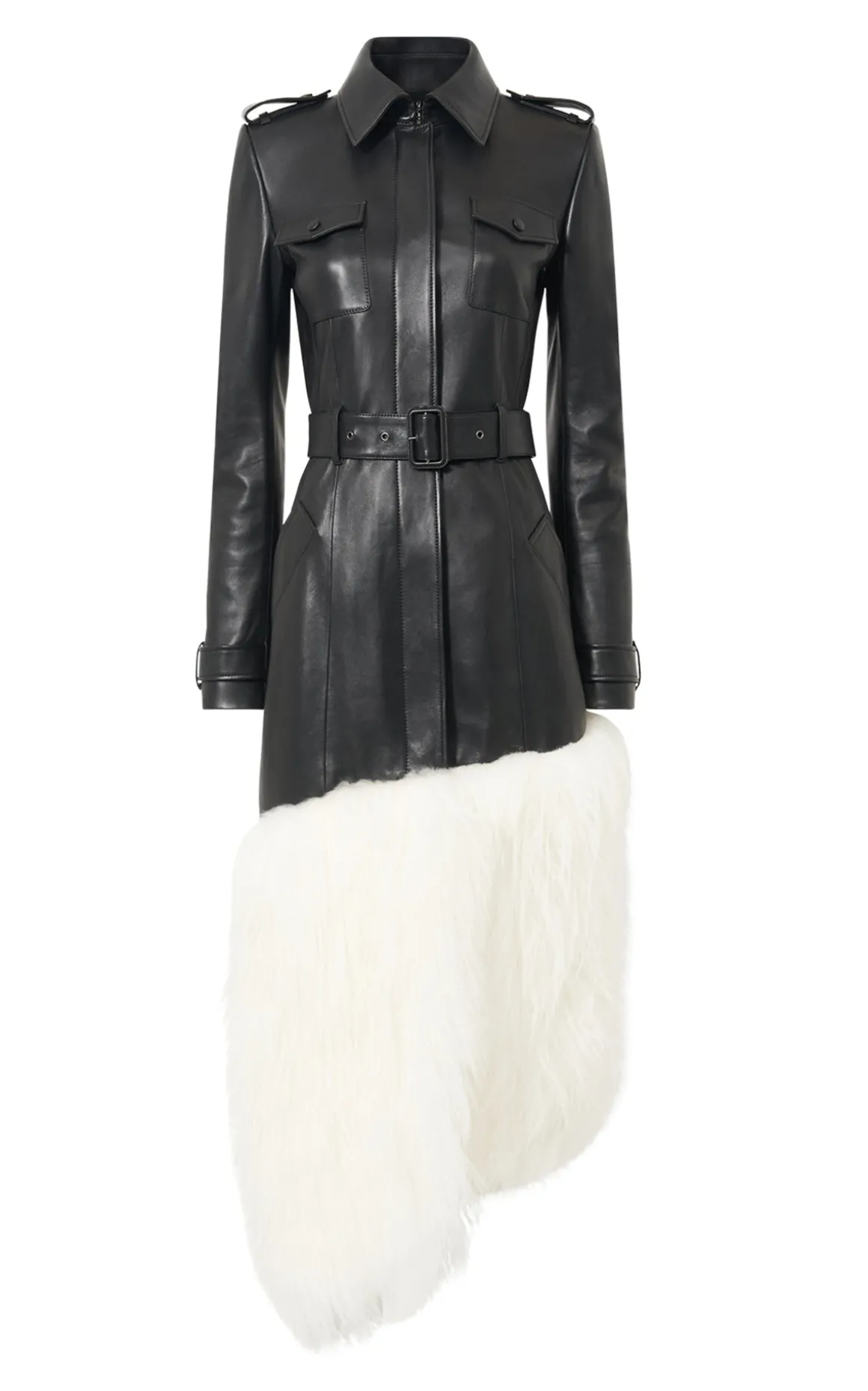 Isak Trench Coat in Black Soft Leather & Ivory Cashmere Shearling
