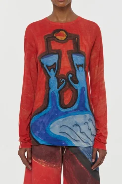 Isaro Long Sleeve T-shirt in Air Multi Printed Cashmere Jersey