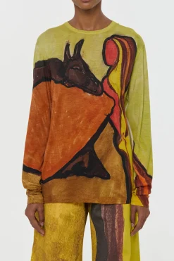 Isaro Long Sleeve T-shirt in Earth Multi Printed Cashmere Jersey