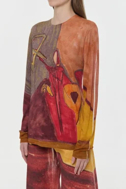Isaro Long Sleeve T-shirt in Fire Multi Printed Cashmere Jersey