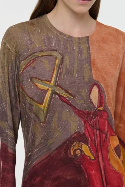 Isaro Long Sleeve T-shirt in Fire Multi Printed Cashmere Jersey