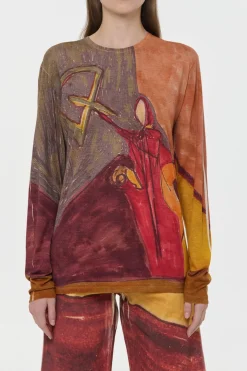 Isaro Long Sleeve T-shirt in Fire Multi Printed Cashmere Jersey