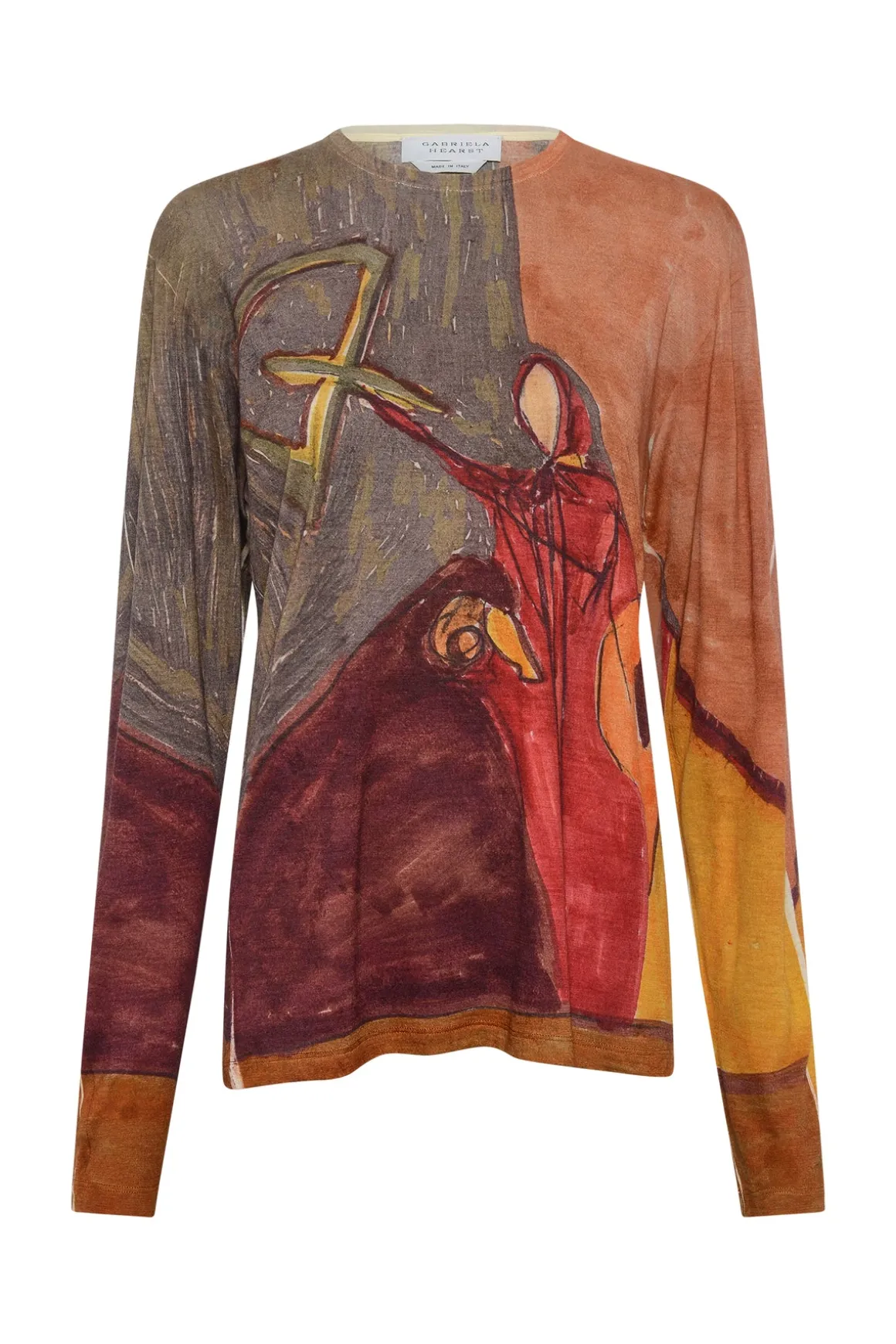Isaro Long Sleeve T-shirt in Fire Multi Printed Cashmere Jersey
