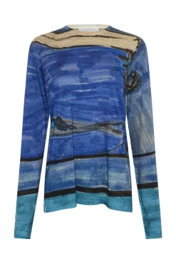 Isaro Long Sleeve T-shirt in Water Multi Printed Cashmere Jersey