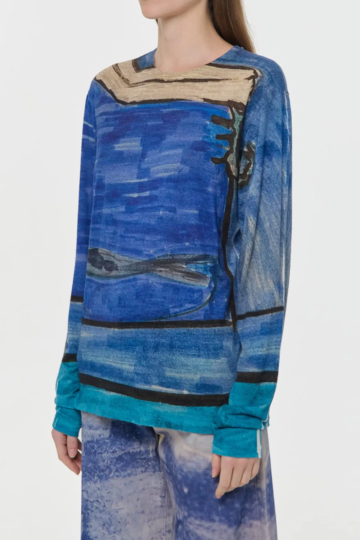 Isaro Long Sleeve T-shirt in Water Multi Printed Cashmere Jersey