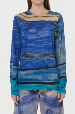 Isaro Long Sleeve T-shirt in Water Multi Printed Cashmere Jersey