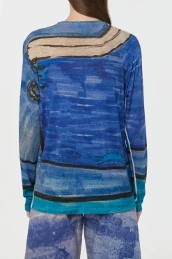 Isaro Long Sleeve T-shirt in Water Multi Printed Cashmere Jersey