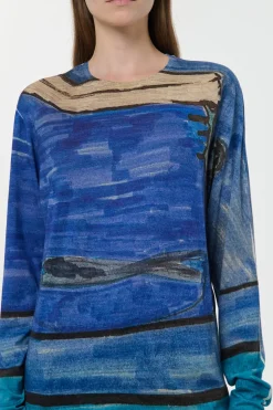 Isaro Long Sleeve T-shirt in Water Multi Printed Cashmere Jersey