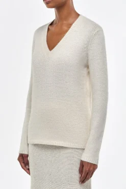 Isiah Knit V-Neck Sweater in Ivory Cashmere